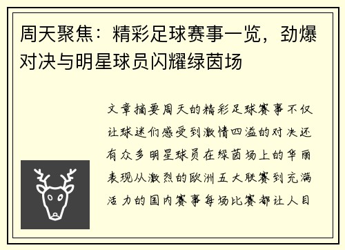 周天聚焦：精彩足球赛事一览，劲爆对决与明星球员闪耀绿茵场