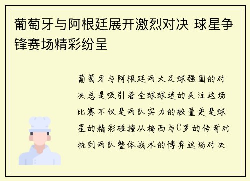 葡萄牙与阿根廷展开激烈对决 球星争锋赛场精彩纷呈
