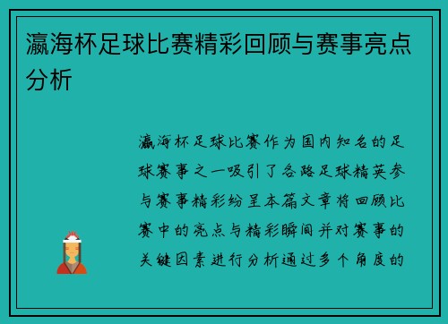 瀛海杯足球比赛精彩回顾与赛事亮点分析