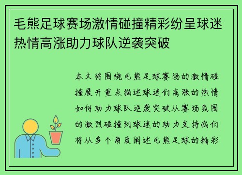 毛熊足球赛场激情碰撞精彩纷呈球迷热情高涨助力球队逆袭突破