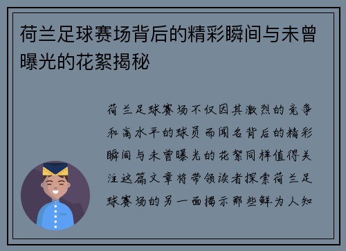 荷兰足球赛场背后的精彩瞬间与未曾曝光的花絮揭秘