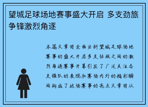 望城足球场地赛事盛大开启 多支劲旅争锋激烈角逐