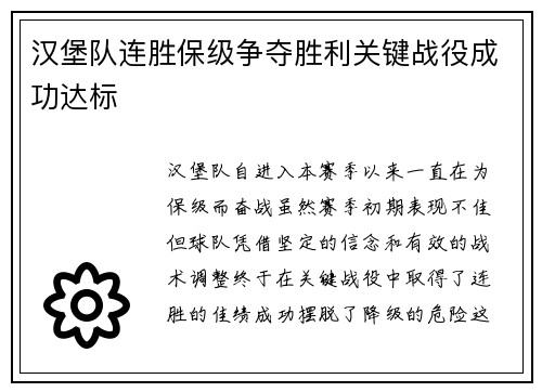 汉堡队连胜保级争夺胜利关键战役成功达标