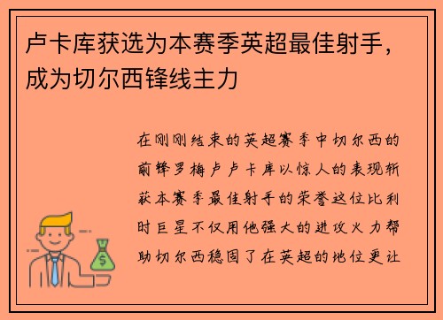 卢卡库获选为本赛季英超最佳射手，成为切尔西锋线主力