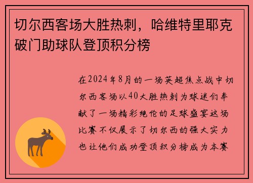 切尔西客场大胜热刺，哈维特里耶克破门助球队登顶积分榜