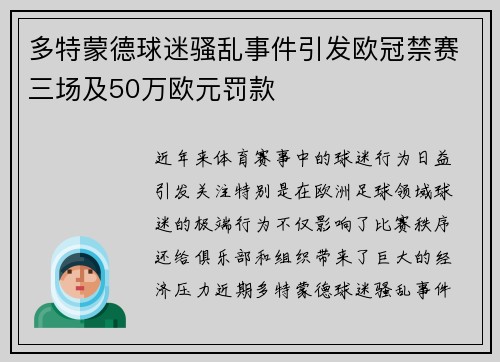 多特蒙德球迷骚乱事件引发欧冠禁赛三场及50万欧元罚款