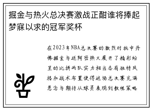 掘金与热火总决赛激战正酣谁将捧起梦寐以求的冠军奖杯