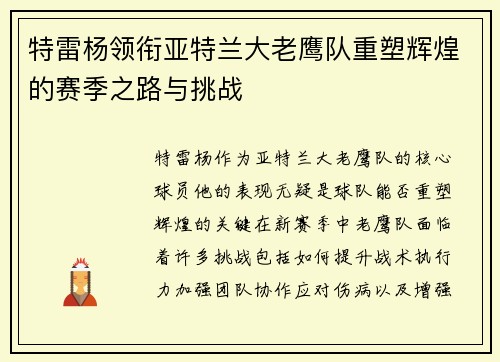 特雷杨领衔亚特兰大老鹰队重塑辉煌的赛季之路与挑战