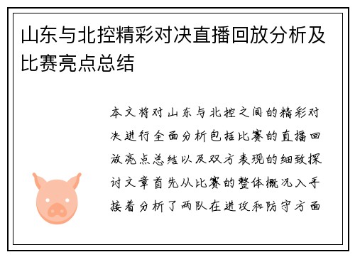 山东与北控精彩对决直播回放分析及比赛亮点总结
