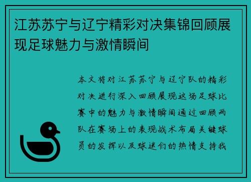 江苏苏宁与辽宁精彩对决集锦回顾展现足球魅力与激情瞬间