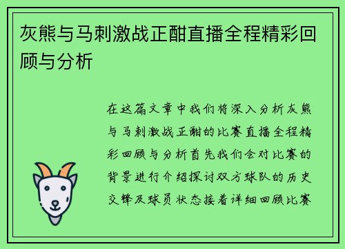 灰熊与马刺激战正酣直播全程精彩回顾与分析