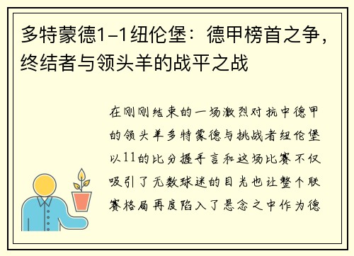 多特蒙德1-1纽伦堡：德甲榜首之争，终结者与领头羊的战平之战