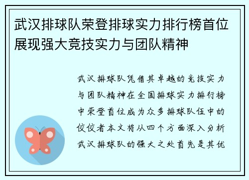 武汉排球队荣登排球实力排行榜首位展现强大竞技实力与团队精神