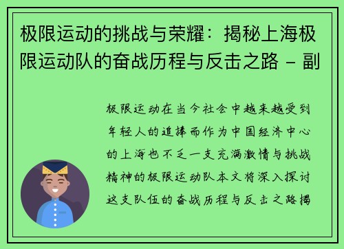 极限运动的挑战与荣耀：揭秘上海极限运动队的奋战历程与反击之路 - 副本